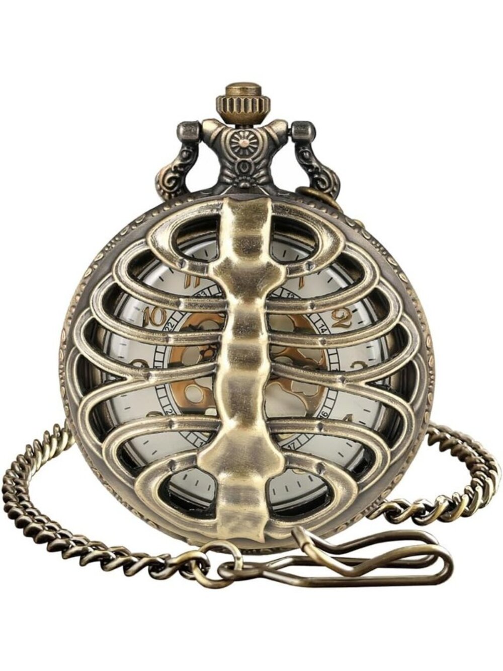 Men's Brown Vintage Chain Quartz Bronze Skeleton Necklace Halloween Pocket Watch